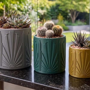 Maceta para suculentas Art Deco con diseño de rayos de sol - Maceta impresa en 3D con resplandor geométrico, estilo mediados de siglo, ideal para decorar estanterías.