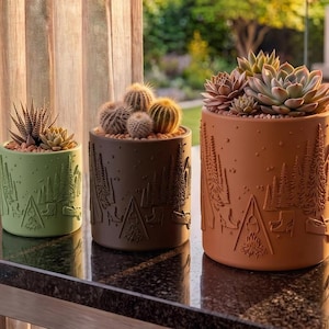 Camping Night Succulent Planter - Mountain Forest 3D Printed Pot, Campfire Adventure, Windowsill Decor