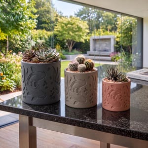 May include: Three cylindrical planters in dark gray, beige, and terracotta, each featuring a relief pattern of koi fish and aquatic plants. The planters contain various succulents and cacti, with the largest on the left and smallest on the right.