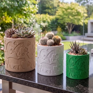 May include: Three cylindrical planters in tan, white, and green, each featuring an embossed pattern of tigers and orchid flowers. The tan planter holds a cluster of succulents, the white one contains small cacti, and the green one holds a Haworthia.