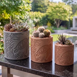May include: Three cylindrical planters in varying sizes, featuring embossed sea turtle and seaweed designs. The largest is grey with succulents, while the two smaller terracotta-coloured pots contain cacti and a striped succulent, all on a dark surface.