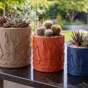 May include: Three cylindrical ceramic planters in beige, orange, and blue, each featuring embossed nautical designs of a lobster, a sailboat, and an anchor. The planters hold various succulents and cacti, including a spiky green cactus.