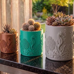Maceta con forma de caballito de mar - Maceta para suculentas impresa en 3D con diseño de peces tropicales de arrecife de coral, estilo costero y playero.
