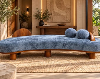 Modern Teak Wood Sofa, Sculptural Curved Couch, Blue Upholstered Statement Living Room Furniture