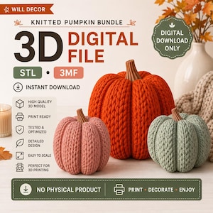 Könnte beinhalten: Ein 3D-Digitaldateien-Paket für gestrickte Kürbisse in den Formaten STL und 3MF. Das Bild zeigt drei 3D-modellierte Kürbisse in Orange, Rosa und Salbeigrün mit texturierten Oberflächen, gekennzeichnet als hochwertiger, druckfertiger Download.