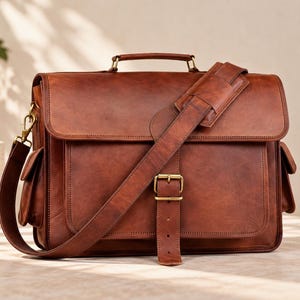 May include: A brown leather satchel featuring a top handle, a wide adjustable shoulder strap with a padded section, and a front flap secured by a brass buckle. The bag includes two side pockets and visible stitching along the edges of the leather.