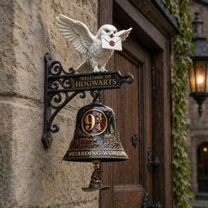 May include: A wall-mounted bell featuring a white owl holding an envelope in its beak, a sign reading WELCOME TO HOGWARTS, and a black bell decorated with the number 9 3/4, a train, a castle, and the text WIZARDING WORLD, with a sorting hat clapper.