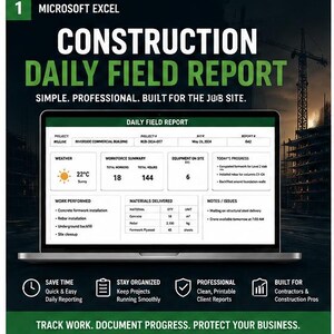 Puede incluir: Una plantilla de informe diario de construcción de Microsoft Excel en la pantalla de una computadora portátil. El formulario digital incluye secciones para el clima, resumen de personal, equipo, progreso, trabajo realizado y materiales.