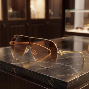 May include: Oversized shield sunglasses featuring a single continuous brown gradient lens and a thin gold-tone metal frame. The temples are accented with a sculpted gold-tone panther head detail at the hinges, paired with adjustable nose pads.