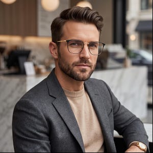 Puede incluir: Una persona con cabello castaño corto y barba que usa anteojos rectangulares negros y dorados, un suéter beige de cuello redondo, un blazer gris oscuro y un reloj de pulsera dorado con correa de cuero marrón, en un entorno profesional.