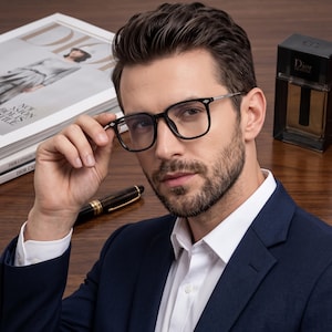 May include: Black-framed spectacles with a rectangular shape and silver-toned metal temples. The frames feature a glossy finish and clear lenses. The design includes a bridge and hinges that connect the front frame to the slender metal arms.