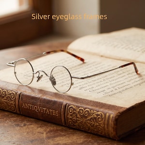 May include: Silver eyeglass frames with round lenses and thin metal temples featuring brown tortoiseshell-patterned tips. The frames are resting on an open antique book with visible text and the word ANTIQVITATES embossed on the leather cover.