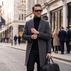 Può includere: Un soprabito in misto lana grigio antracite indossato sopra un maglione a collo alto nero e pantaloni neri. L'outfit include occhiali da sole neri sfumati, un orologio da polso argentato con cinturino in pelle scura e una borsa da viaggio nera.