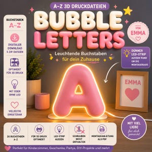 Könnte beinhalten: Ein Set aus 3D-Druckdateien für Bubble Letters A-Z. Das Bild zeigt einen rosa Buchstaben A mit leuchtender LED-Umrandung, eine vertikale Infotafel, einen Bilderrahmen mit Herz und den Text Bubble Letters.