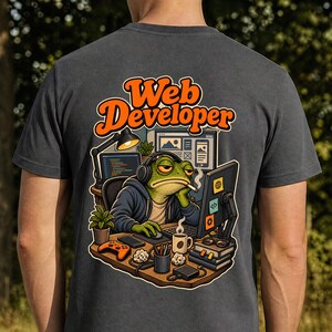 May include: A charcoal gray t-shirt featuring a graphic on the back of a green frog wearing a hoodie and headphones, sitting at a desk with a computer, a lamp, a coffee mug, and a game controller, with the text Web Developer in orange letters.