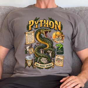 May include: A grey t-shirt featuring a graphic of a green python coiled around stone pillars. The design includes text reading PYTHON, BIG SNAKE ENERGY, LOCALLY HATED, SPOILER: I DIED, APOLLO WAS HERE, ORACLE OFFLINE, TOXIC INFLUENCE, and FINAL LOCATION.
