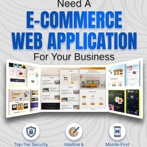 Op de afbeelding: Een digitale afbeelding met de tekst Need A E-COMMERCE WEB APPLICATION For Your Business, met diverse website-interface mockups. Daaronder staan drie ronde iconen die staan voor beveiliging en betalingen, intuïtief ontwerp en mobiele responsiviteit.