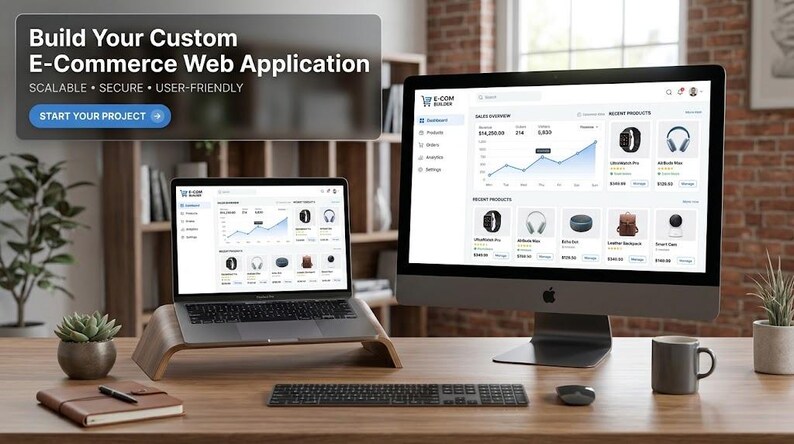 Pu&ograve; includere: Un portatile su un supporto in legno e un monitor desktop che mostrano un'interfaccia di dashboard e-commerce. Un riquadro di testo riporta Build Your Custom E-Commerce Web Application, Scalable, Secure, User-Friendly, Start Your Project.
