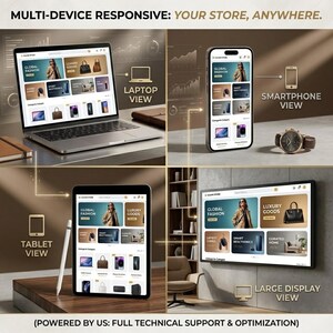 Pu&ograve; includere: Una visualizzazione di sito e-commerce responsive per pi&ugrave; dispositivi che mostra un laptop, uno smartphone, un tablet con stilo e un grande monitor. L'interfaccia include il testo MULTI-DEVICE RESPONSIVE: YOUR STORE, ANYWHERE e POWERED BY US: FULL TECHNICAL SUPPORT & OPTIMIZATION.