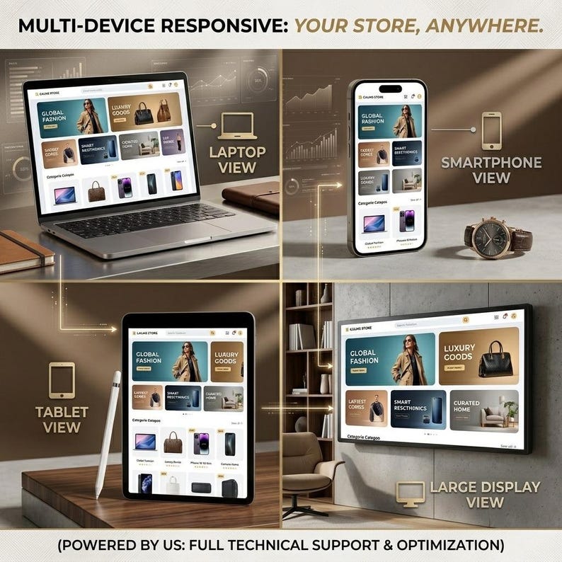 Pu&ograve; includere: Una visualizzazione di sito e-commerce responsive per pi&ugrave; dispositivi che mostra un laptop, uno smartphone, un tablet con stilo e un grande monitor. L'interfaccia include il testo MULTI-DEVICE RESPONSIVE: YOUR STORE, ANYWHERE e POWERED BY US: FULL TECHNICAL SUPPORT & OPTIMIZATION.