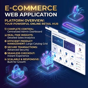 Pu&ograve; includere: Un grafico digitale per un'applicazione web di e-commerce con interfaccia dashboard, un carrello luminoso e un'icona a forma di lucchetto. Il testo include E-COMMERCE WEB APPLICATION, PLATFORM OVERVIEW ed elenca funzionalit&agrave; come Centralized Admin Dashboard, Detailed Sales Analytics, Large Catalog Grid, Advanced Security, Instant Experience e Built for Growth.