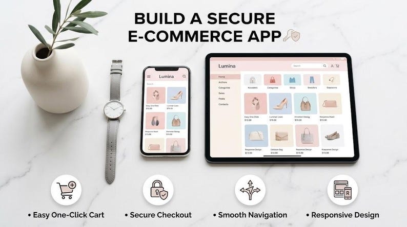 Pu&ograve; includere: Un tablet e uno smartphone mostrano l'interfaccia dell'app e-commerce Lumina con griglie di prodotti, insieme a un orologio da polso e un vaso. Il testo recita: BUILD A SECURE E-COMMERCE APP, Easy One-Click Cart, Secure Checkout, Smooth Navigation, Responsive Design.