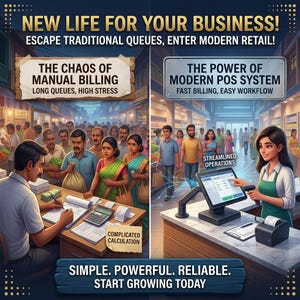 Puede incluir: Un gráfico de pantalla dividida que compara la facturación manual y un sistema POS moderno. El lado izquierdo muestra un mercado concurrido con cálculos manuales. El derecho muestra una tienda con un terminal digital y el texto STREAMLINED OPERATIONS.