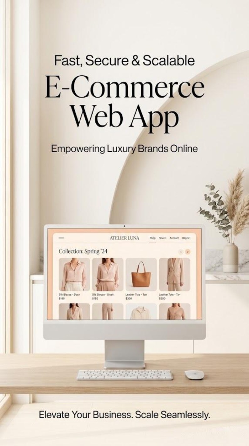 Pu&ograve; includere: Un monitor di computer mostra un sito web di e-commerce per Atelier Luna con una collezione Primavera '24 di abbigliamento e borse. Il testo recita: Fast, Secure & Scalable E-Commerce Web App, Empowering Luxury Brands Online, Elevate Your Business. Scale Seamlessly.