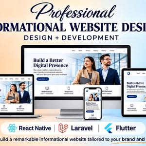 Op de afbeelding: Een digitaal display met professionele informatieve websiteontwerpen op een desktopmonitor, laptop, tablet en smartphone. De schermen tonen de tekst Build a Better Digital Presence en de logo's van React Native, Laravel en Flutter.