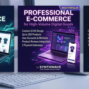 Pu&ograve; includere: Tre grafiche di marketing digitale di Synthwave Software Solutions mostrano i livelli di servizio e-commerce: Starter per beni fisici, Professional per beni digitali e Enterprise per soluzioni personalizzate complesse con server.