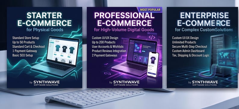 Pu&ograve; includere: Tre grafiche di marketing digitale di Synthwave Software Solutions mostrano i livelli di servizio e-commerce: Starter per beni fisici, Professional per beni digitali e Enterprise per soluzioni personalizzate complesse con server.