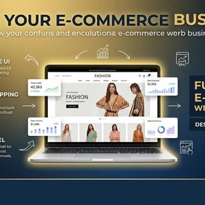 Pu&ograve; includere: Un portatile che mostra un sito web di moda con grafici di dati e il testo SCALE YOUR E-COMMERCE BUSINESS, FULL-SERVICE E-COMMERCE WEB DEVELOPMENT, STUNNING E-COMMERCE UI, ROBUST SHOPPING PLATFORM e OPTIMIZED SALES FUNNEL su sfondo scuro.