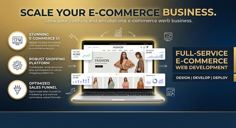 Pu&ograve; includere: Un portatile che mostra un sito web di moda con grafici di dati e il testo SCALE YOUR E-COMMERCE BUSINESS, FULL-SERVICE E-COMMERCE WEB DEVELOPMENT, STUNNING E-COMMERCE UI, ROBUST SHOPPING PLATFORM e OPTIMIZED SALES FUNNEL su sfondo scuro.