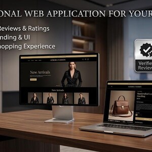Pu&ograve; includere: Un monitor per computer e un portatile che mostrano un'applicazione web professionale per le aziende. Lo schermo visualizza immagini di moda, elenchi di prodotti e testo, tra cui Integrated Reviews & Ratings, Tailored Branding & UI e Seamless Shopping Experience.