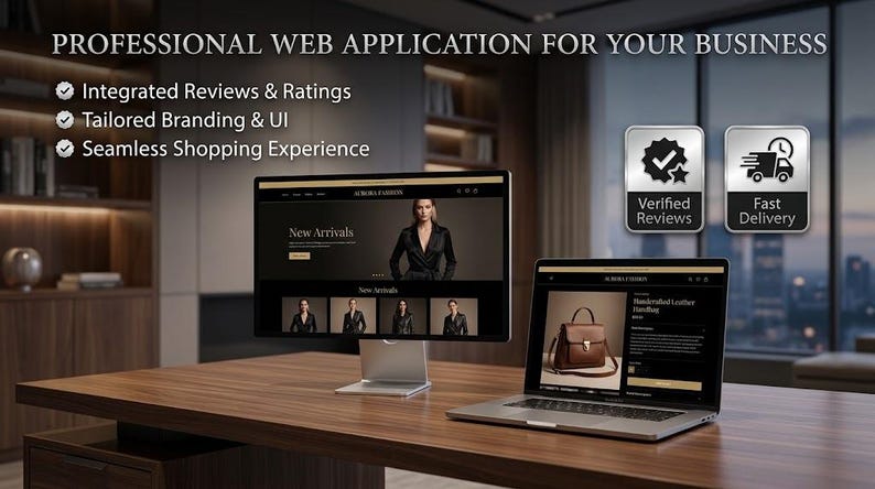 Pu&ograve; includere: Un monitor per computer e un portatile che mostrano un'applicazione web professionale per le aziende. Lo schermo visualizza immagini di moda, elenchi di prodotti e testo, tra cui Integrated Reviews & Ratings, Tailored Branding & UI e Seamless Shopping Experience.