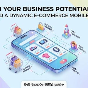 Pu&ograve; includere: Un'illustrazione digitale di uno smartphone che mostra un'interfaccia e-commerce con carrelli, icone per pagamenti sicuri, consegne rapide e profili utente. Il testo recita: UNLEASH YOUR BUSINESS POTENTIAL ONLINE BUILD A DYNAMIC E-COMMERCE MOBILE APP.