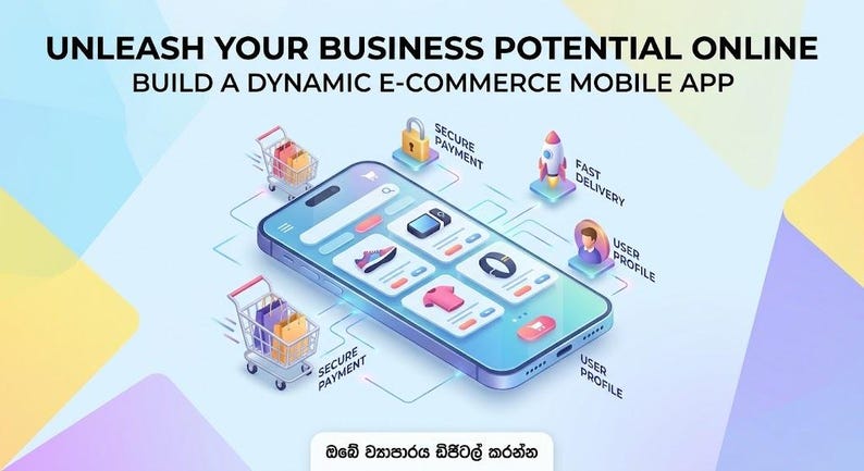 Pu&ograve; includere: Un'illustrazione digitale di uno smartphone che mostra un'interfaccia e-commerce con carrelli, icone per pagamenti sicuri, consegne rapide e profili utente. Il testo recita: UNLEASH YOUR BUSINESS POTENTIAL ONLINE BUILD A DYNAMIC E-COMMERCE MOBILE APP.