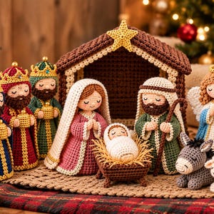 May include: A crochet nativity set featuring figures of Mary, Joseph, baby Jesus in a manger, three kings, an angel, a donkey, and a sheep. The figures are crafted with yarn in various colors including blue, red, green, pink, and brown.