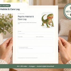 Puede incluir: Un documento imprimible y rellenable de registro de cuidados y hábitat para reptiles con una ilustración de un dragón barbudo verde y naranja. El formulario incluye campos para el nombre, especie, fecha de nacimiento y notas.