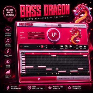 May include: A digital music production software interface titled Bass Dragon, featuring a vibrant red color scheme with a dragon graphic. The screen displays a piano roll, genre and key settings, and various control knobs for bassline creation.