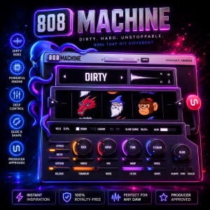 May include: A digital audio software interface titled 808 MACHINE with a dark purple and blue neon aesthetic. The display shows a slot machine graphic with a dragon, wizard, and monkey icon, alongside various control knobs, sliders, and text labels.