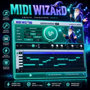 May include: The MIDI Wizard software interface features a dark teal and blue color scheme with a wizard character illustration. The digital display shows settings for genre, key, mode, and length, alongside a piano roll grid and control knobs.