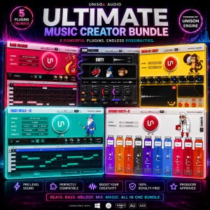 May include: The Unison Audio Ultimate Music Creator Bundle features five software plugins: Bass Dragon, 808 Machine, Drum Monkey, Midi Wizard, and Sound Doctor. Each interface displays unique colorful graphics, control knobs, and digital audio settings.