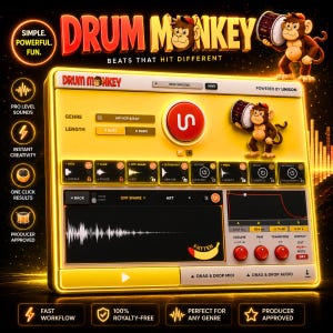 May include: A digital music production software interface titled Drum Monkey, featuring a yellow and black color scheme, a cartoon monkey mascot, various sound control knobs, waveform displays, and buttons labeled for genre, length, and audio effects.