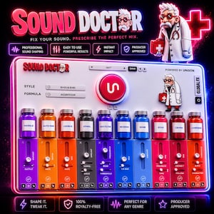 May include: A digital audio plugin interface titled Sound Doctor featuring a cartoon doctor character, a large red central knob, and ten colorful glass bottles labeled with effects like Mangle, Chorus, and Echo, each paired with vertical sliders.