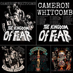 May include: A collection of graphic designs featuring Cameron Whitcomb The Kingdom of Fear Tour 2026. The images include concert scenes with musicians, a performer balancing on a pedestal, and skeletons surrounding an hourglass filled with pills.