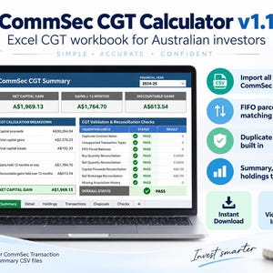 May include: A laptop screen displaying the CommSec CGT Calculator v1.1 Excel workbook for Australian investors. The interface shows a CommSec CGT Summary with financial year 2024-25, net capital gain, calculation breakdown, and validation checks.