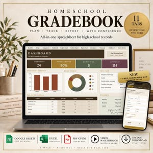 May include: A digital homeschool gradebook spreadsheet displayed on a laptop screen and a smartphone. The interface shows a dashboard with academic metrics, bar charts, and pie graphs. Text includes "HOMESCHOOL GRADEBOOK" and "11 TABS".