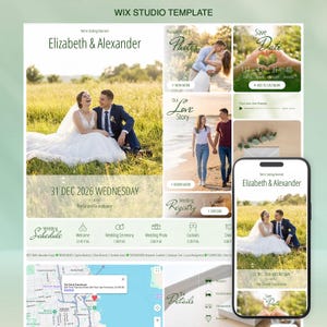 Op de afbeelding: Een Wix Studio website template voor een bruiloft met de namen Elizabeth & Alexander. De lay-out bevat meerdere secties met foto's van een stel, een afteltimer, een trouwschema, een kaart en een voorbeeldweergave voor mobiele telefoons.