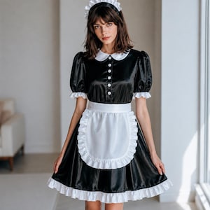 Könnte beinhalten: Ein schwarzes Satinkleid mit kurzen Puffärmeln, einem weißen Bubikragen und einer weißen Schürze mit gerüschtem Saum. Das Kleid hat eine Reihe weißer Knöpfe am Vorderteil und ein dazu passendes, weißes, gerüschtes Kopfband als Zubehör.
